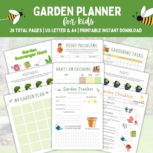 Könnte beinhalten: Ein druckbarer Gartenplaner für Kinder mit 26 Seiten. Die Seiten beinhalten Aktivitäten wie eine Schnitzeljagd, einen Garten-Tracker, eine Checkliste und einen Gartenplan. Die Seiten sind mit Illustrationen von Bienen, Gemüse und Obst verziert.