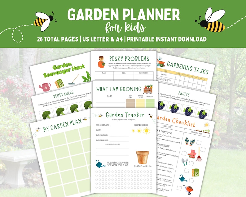 May include: A printable garden planner for kids with 26 pages. The pages include activities like a scavenger hunt, a garden tracker, a checklist, and a garden plan. The pages are decorated with illustrations of bees, vegetables, and fruits.