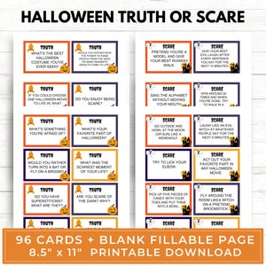Könnte beinhalten: Ein druckbares Halloween-Spiel mit 96 Karten mit Wahrheits- oder Mutfragen. Die Karten sind orange, schwarz und lila mit einem Geister- und Kürbisdesign. Die Karten sind 8,5 Zoll mal 11 Zoll groß.