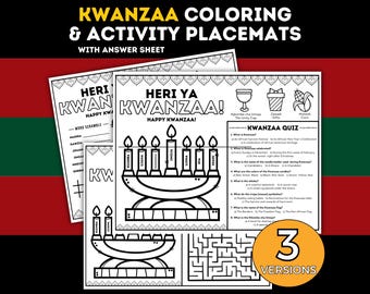 Kwanzaa Kids Färbung und Aktivitäten Seiten, bedruckbare Kwanzaa Kids Party Tischset, Kids Kwanzaa Klassenzimmer Party, Kwanzaa Feier