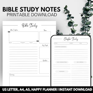 May include: Printable Bible study notes template with two pages. The first page has sections for main scripture, book, chapter, verse, key people, questions, and summary. The second page has sections for chapter summary, key characters, key verses, and meaning.