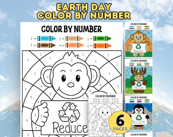 Earth Day Color by Number, Earth Day Coloring Pages, Earth Day Homeschool Activities, Reduce Reuse Recycle, Instant Download