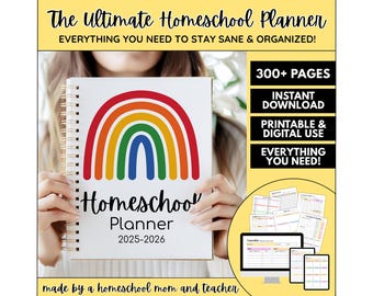 May include: A spiral-bound homeschool planner with a rainbow design on the cover. The cover reads "Homeschool Planner 2025-2026." Additional text includes "The Ultimate Homeschool Planner" and "Everything You Need to Stay Sane & Organized!"