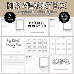May include: Black and white printable memory box templates for children. The templates include sections for "My School Memory Box", "A Year in Review", "A Letter From Me To You", and "All About Me".