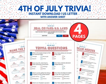 May include: A printable 4th of July trivia game with four pages. The game includes questions about American history, laws, and heroes. The pages are white with red and blue stars.