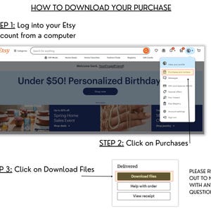 Puede incluir: Una gu&iacute;a paso a paso sobre c&oacute;mo descargar tu compra de Etsy. La imagen muestra una captura de pantalla del sitio web de Etsy con una secci&oacute;n resaltada que muestra la opci&oacute;n de men&uacute; 'Compras y recibos'. El siguiente paso muestra una captura de pantalla de la secci&oacute;n 'Entregado' con un bot&oacute;n que dice 'Descargar archivos'. El paso final muestra un icono de coraz&oacute;n con el texto '&iexcl;Por favor, ponte en contacto conmigo si tienes alguna pregunta!'