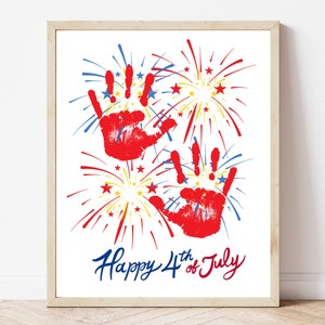May include: A printable art print featuring red handprints with blue and yellow fireworks and the text "Happy 4th of July".