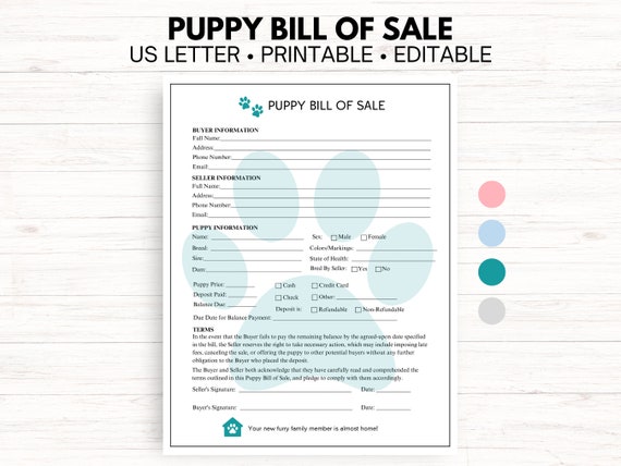 Puppy Bill of Sale Form, Puppy Deposit Receipt, Puppy Contract, Dog Breeder Form, Editable PDF