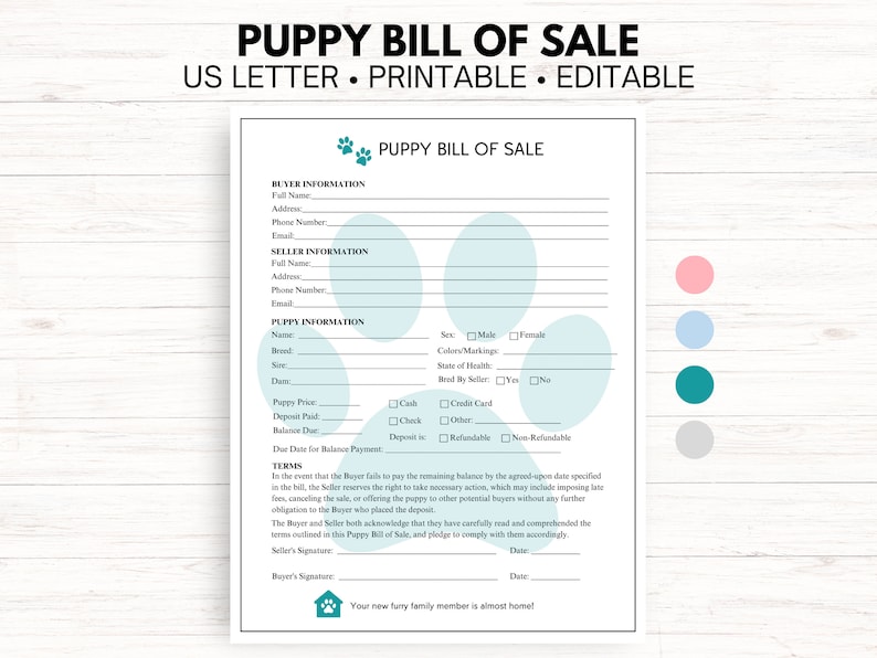 Puede incluir: Un formulario de venta de cachorro imprimible con secciones para la informaci&oacute;n del comprador, del vendedor y del cachorro. El formulario incluye campos para los nombres, las direcciones, los n&uacute;meros de tel&eacute;fono, los correos electr&oacute;nicos, la raza, el sexo, el color y el precio. El formulario tambi&eacute;n incluye una secci&oacute;n para los t&eacute;rminos y condiciones.