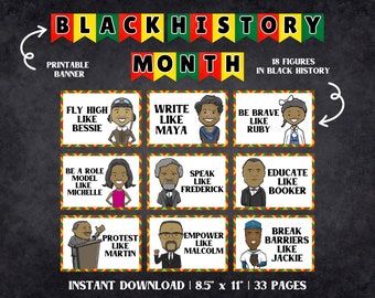 May include: Printable banner with a black history month theme. The banner features 18 figures in black history, each with a quote about them. The banner is 8.5 inches by 11 inches and has 33 pages.