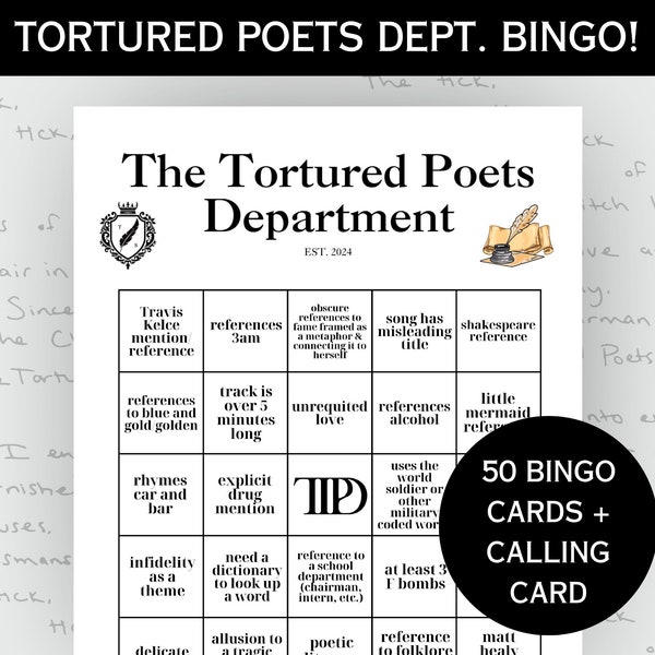 TTPD BINGO Swiftie Party Game, T Swift Party Decor, Tortured Poets, Teen Slumber Party Games, Release Party Games Instant Download