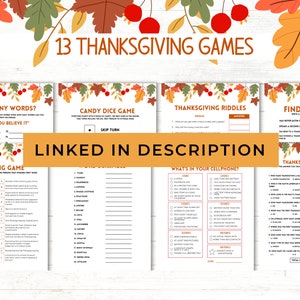 K&ouml;nnte beinhalten: Ein druckbarer Satz von 13 Thanksgiving-Spielen mit herbstlichen R&auml;ndern. Die Spiele beinhalten "Wie viele W&ouml;rter?", "S&uuml;&szlig;igkeiten-W&uuml;rfelspiel", "Thanksgiving-R&auml;tsel", "Finde den Gast", "Zuordnungsspiel", "Was ist in deinem Handy?" und "Thanksgiving-Quiz".