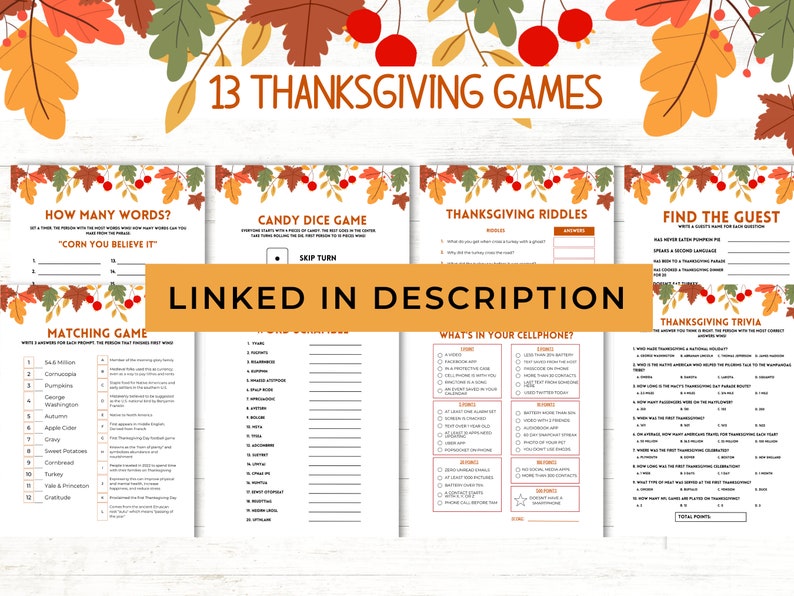 K&ouml;nnte beinhalten: Ein druckbarer Satz von 13 Thanksgiving-Spielen mit herbstlichen R&auml;ndern. Die Spiele beinhalten "Wie viele W&ouml;rter?", "S&uuml;&szlig;igkeiten-W&uuml;rfelspiel", "Thanksgiving-R&auml;tsel", "Finde den Gast", "Zuordnungsspiel", "Was ist in deinem Handy?" und "Thanksgiving-Quiz".