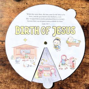 Roue à colorier de l'histoire de la Nativité, Naissance de Jésus à imprimer, leçon de la Bible, travaux manuels pour enfants pour les leçons de l'école du dimanche, activité Raison de la saison