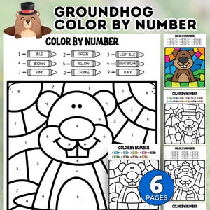 Groundhog Color by Number, Groundhog Coloring Pages for Kids, Groundhog Day Craft, Classroom Activity, Groundhog Party Printable