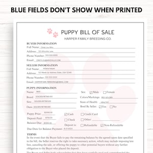 Puede incluir: Un formulario de factura de venta de cachorro imprimible con campos para la informaci&oacute;n del comprador y del vendedor, los detalles del cachorro y las condiciones de pago. El formulario incluye secciones para el nombre del cachorro, la raza, el sexo, los colores, la salud y los detalles del pago. El formulario tambi&eacute;n incluye una secci&oacute;n para los t&eacute;rminos y condiciones.