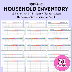 Puede incluir: Hojas de inventario doméstico imprimibles en tamaños US Letter, A4 y A5, incluida una versión en blanco y negro. Las hojas están diseñadas para Happy Planner Classic. La imagen muestra 21 páginas con secciones para ropa, joyas, cocina y más.