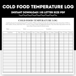 Printable Cold Food Temperature Log, Cold Food Log, Cold Food Temp, Cold Food Holding Temperature Chart, Food Safety Log