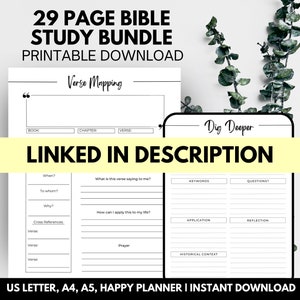 May include: A 29-page Bible study bundle printable download. The image shows study pages with prompts for verse mapping and deeper study, including sections for questions, keywords, and reflection. The text "Linked in Description" is highlighted.