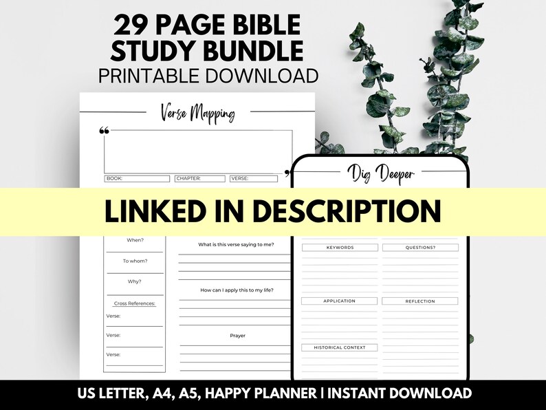 May include: A 29-page Bible study bundle printable download. The image shows study pages with prompts for verse mapping and deeper study, including sections for questions, keywords, and reflection. The text "Linked in Description" is highlighted.