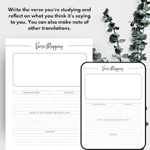 May include: Two white "Verse Mapping" worksheets with black text and a rectangular box for notes. The worksheets include sections for translations, context, and personal reflection. The text reads "Write the verse you're studying and reflect on what you think it's saying to you."