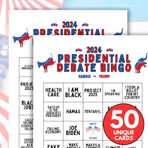 Cartões de jogo de bingo do debate presidencial de 2024, debate Trump vs Harris, jogo de festa para assistir ao debate eleitoral, jogo de bebida do debate presidencial