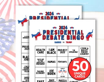 Tarjetas de bingo para el debate presidencial de 2024, debate entre Trump y Harris, juego de fiesta para ver el debate electoral, juego de beber para el debate presidencial