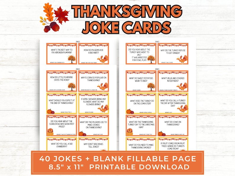 K&ouml;nnte beinhalten: Druckbare Thanksgiving-Witzkarten mit Herbstthema. Die Karten sind orange und gelb mit braunem Rand. Jede Karte enth&auml;lt einen Thanksgiving-Witz. Die Karten sind 8,5 Zoll mal 11 Zoll gro&szlig;.