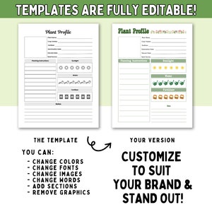 May include: A printable plant profile template with sections for plant name, care instructions, sunlight, water, fertilizer, and notes. The template is fully editable and customizable to suit your brand.