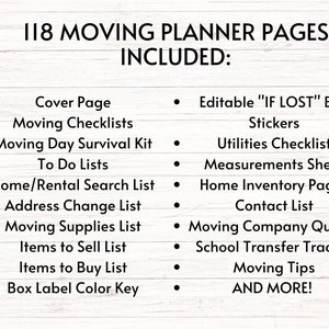 May include: A list of 118 moving planner pages included in a printable planner. The list includes items like moving checklists, to-do lists, home inventory pages, and moving tips.