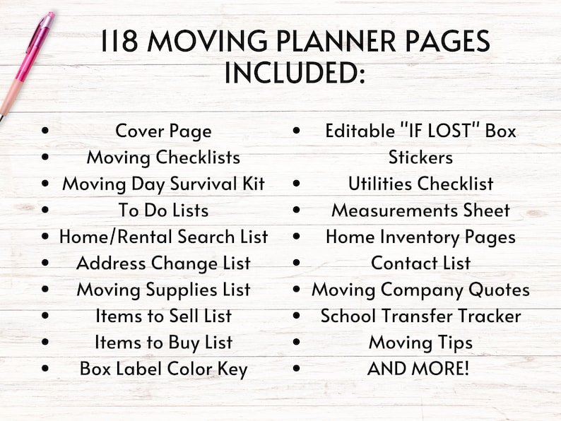 May include: A list of 118 moving planner pages included in a printable planner. The list includes items like moving checklists, to-do lists, home inventory pages, and moving tips.
