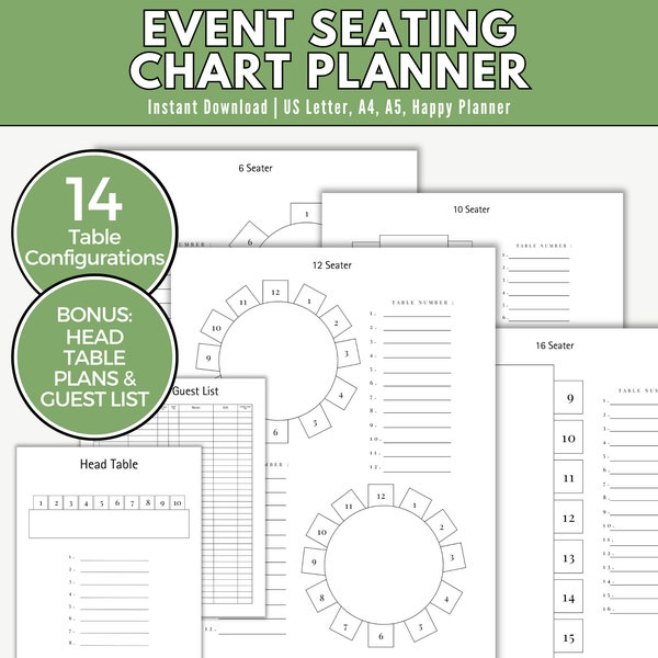 Printable Event Seating Arrangement Planner, Wedding Table Seating Chart Template Head Table Plans Seating Chart Round Table Seating Planner