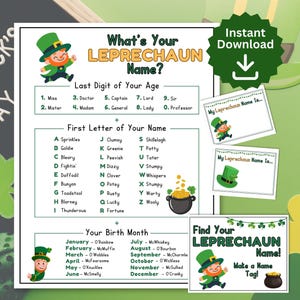 Whats Your Leprechaun Name Game, St. Patricks Party Game, Leprechaun Name Generator - Printable Game for Kids, Name Tags + SIGNS, US LETTER