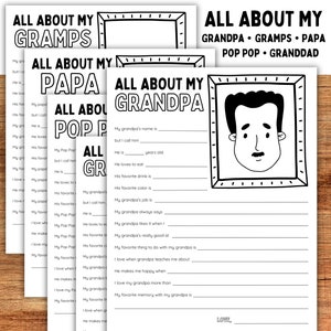 Könnte beinhalten: Schwarzweißes druckbares Arbeitsblatt mit einem Ausfüll-Fragebogen über einen Opa. Das Arbeitsblatt enthält den Text "Alles über meinen Opa" und ein Cartoon-Bild eines Opas in einem Bilderrahmen.
