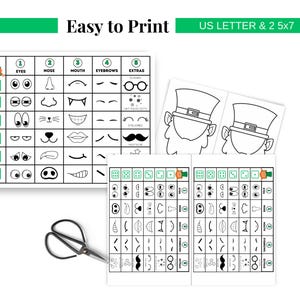 Roll a Leprechaun game board with St. Patrick's decorations. Shows grid of facial features with dice numbers 1-6 corresponding to different eyes, noses, mouths, eyebrows and extras to create leprechaun faces.