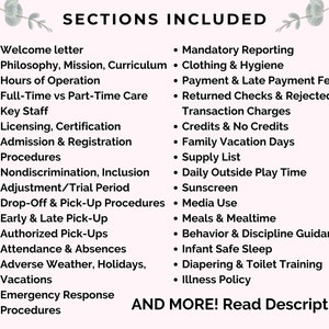 List of sections included in the daycare parent handbook, organized in two columns covering topics from welcome letter to illness policy, with decorative eucalyptus border.