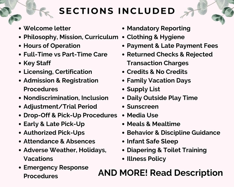 List of sections included in the daycare parent handbook, organized in two columns covering topics from welcome letter to illness policy, with decorative eucalyptus border.
