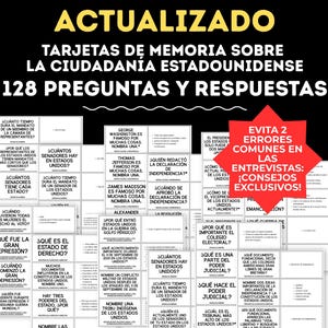 May include: Flashcards with the title "ACTUALIZADO TARJETAS DE MEMORIA SOBRE LA CIUDADANÍA ESTADOUNIDENSE 128 PREGUNTAS Y RESPUESTAS" in yellow text on a black background. The cards cover topics about U.S. civics and history, with a red starburst graphic that says "EVITA 2 ERRORES COMUNES EN LAS ENTREVISTAS: ¡CONSEJOS EXCLUSIVOS!"