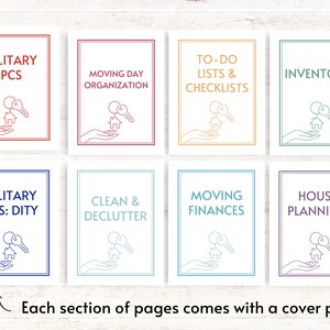 May include: A set of printable checklists and organizers for military PCS moves. The checklists include topics like moving day organization, to-do lists, inventory, cleaning and decluttering, moving finances, and house planning. Each section has a cover page with a house and key icon.
