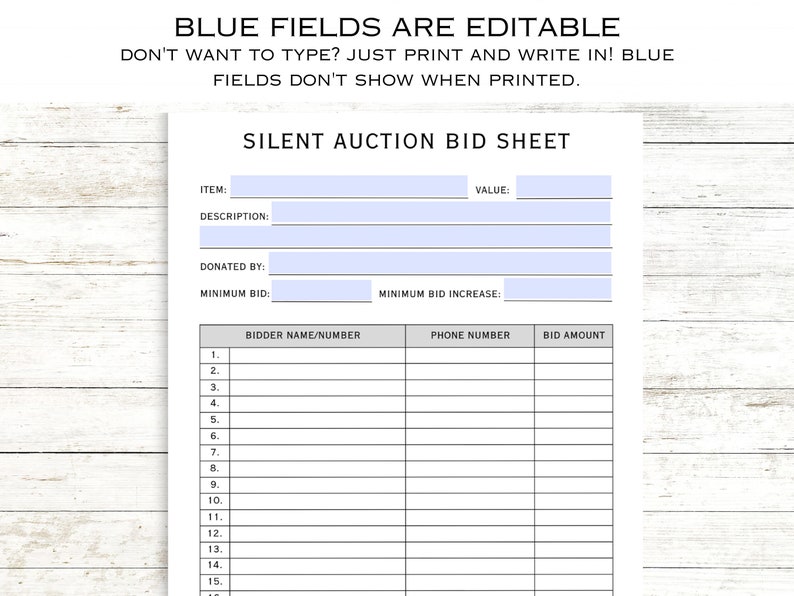 Printable Silent Auction Editable Template, Fundraiser Bid Sheet ...