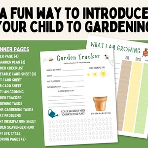 May include: A printable gardening planner for kids with a colorful cover page and a page titled "What I Am Growing" with columns for seed sown, planted outside, and harvested. The planner includes pages for a garden checklist, vegetable card sheet, fruit card sheet, herb card sheet, what I am growing, garden tracker, gardening tasks, blank gardening tasks, pesky problems, plant observation sheet, garden scavenger hunt, plant life cycle, and coloring pages.