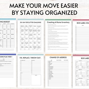 May include: A printable moving checklist with sections for a moving budget, a 30-day declutter challenge, creating a home inventory, box label color key, a 4-week packing plan, fix, replace, throw out, change of address, and box labels.