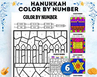 May include: A set of six printable Hanukkah color by number pages. The pages feature images of menorahs, dreidels, and the Star of David. Each page has a color key with numbers corresponding to different colors.