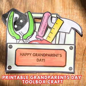 Todo sobre la manualidad de la caja de herramientas del abuelo para niños, plantilla de herramientas de mantenimiento imprimible para el día de los abuelos, tarjeta para colorear, la mejor actividad de recuerdo de papá