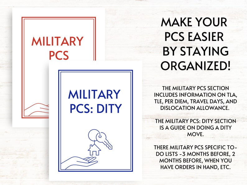 May include: Two printable checklists for military PCS (Permanent Change of Station) moves. The red checklist is for general PCS information, and the blue checklist is for DIY PCS. The text on the image reads "Make your PCS easier by staying organized!"