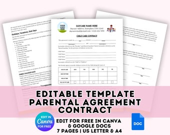 Daycare Parental Agreement, Daycare Contract Form, Home Daycare Contract, Preschool Agreement, Child Care Business Contract Liability Waiver