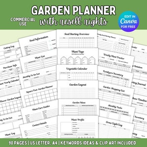 May include: A black and white printable garden planner with 98 pages, including a plant list, seed starting overview, weekly plant tracker, vegetable calendar, garden layout, and more. The planner is designed for US Letter and A4 sizes and includes keywords, ideas, and clip art.