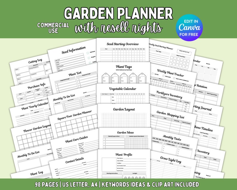 May include: A black and white printable garden planner with 98 pages, including a plant list, seed starting overview, weekly plant tracker, vegetable calendar, garden layout, and more. The planner is designed for US Letter and A4 sizes and includes keywords, ideas, and clip art.