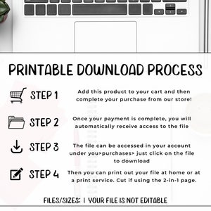 Puede incluir: Infograf&iacute;a de proceso de descarga imprimible con cuatro pasos: agregar al carrito, completar la compra, acceder al archivo e imprimir. El texto "FILES/SIZES: YOUR FILE IS NOT EDITABLE" est&aacute; en la parte inferior de la imagen.