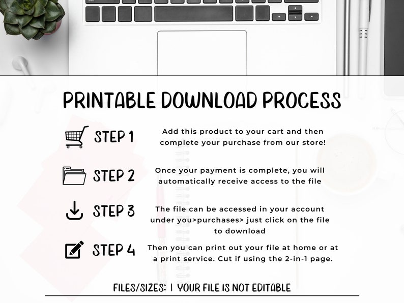 Puede incluir: Infograf&iacute;a de proceso de descarga imprimible con cuatro pasos: agregar al carrito, completar la compra, acceder al archivo e imprimir. El texto "FILES/SIZES: YOUR FILE IS NOT EDITABLE" est&aacute; en la parte inferior de la imagen.